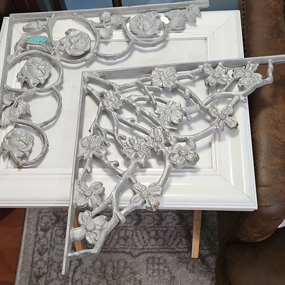 Decorative Floral Wrought Iron Corner Accents in Silver - Set of 2